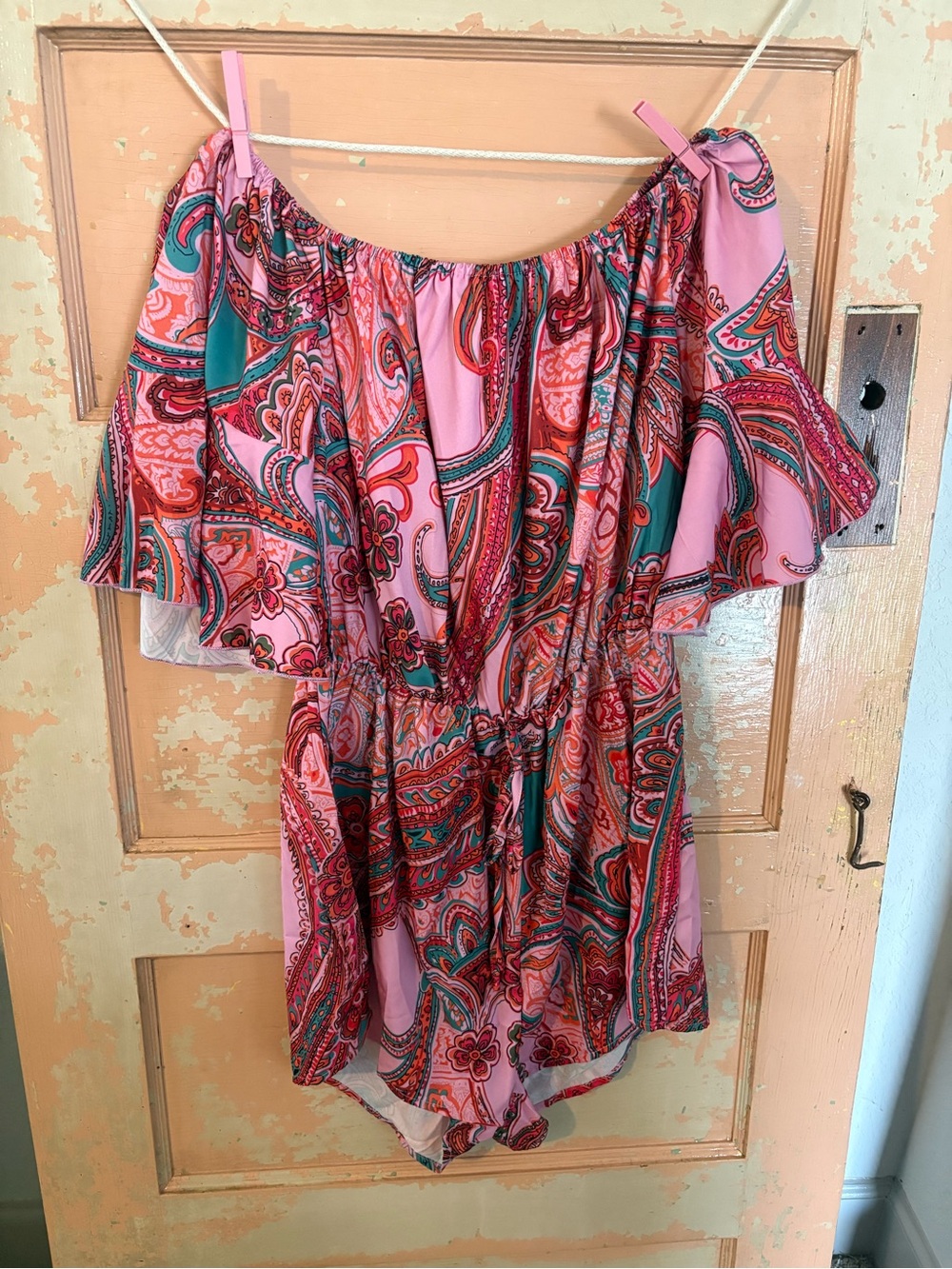 Off-Shoulder Pink Paisley Women's Romper